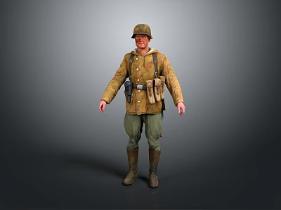 Military Soldier Game Movie Character In Yellow Uniform With Green Pants Army Cap And Equipment 3d model