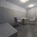 Minimalist Lounge Area Interior With White Table Chairs Blue Wall And Perforated Panels