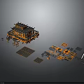 Traditional Architecture 3D Model with Orange Black Design Modular Roof and Detachable Parts