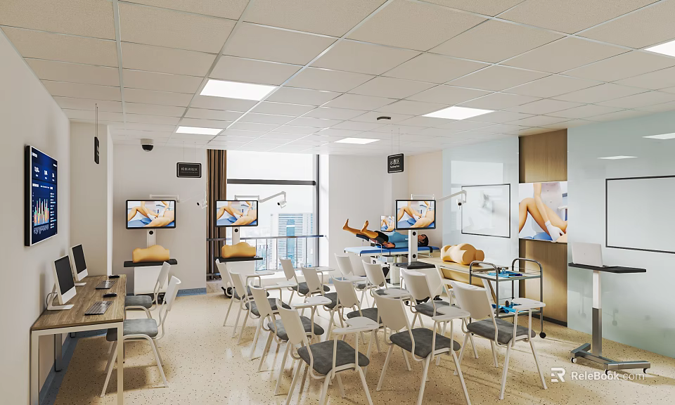Bright Modern School Classroom With Interactive Screens Student Desks And Teaching Tools 3d model 