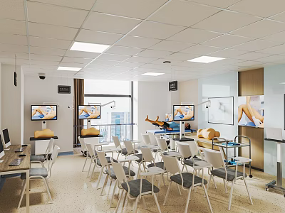 Bright Modern School Classroom With Interactive Screens Student Desks And Teaching Tools 3d model