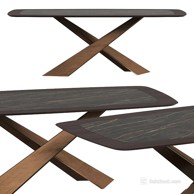 Modern Wooden Dining Table With Cross Legs And Dark Textured Tabletop 3d model 