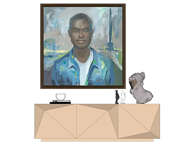 Portrait Painting of Man in Blue Jacket White Shirt Scenic Background Hanging Above Geometric Cabinet 3d model