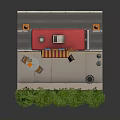 Red Pizza Truck With Striped Awning And Outdoor Dining Tables Near Green Bushes