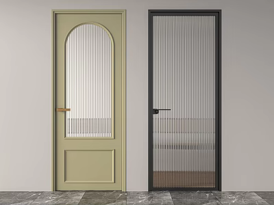 Light Green And Black Swing Doors With Arched Top Vertical Ribbed Glass And Sleek Handles 3d model
