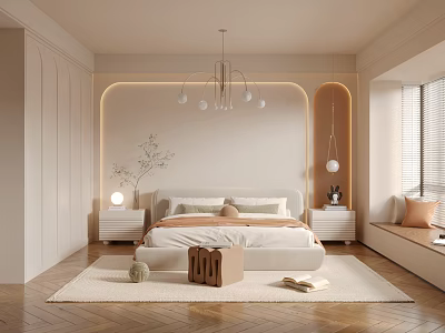 Modern Neutral Bedroom With Beige Walls Pendant Light And Soft Carpet 3d model