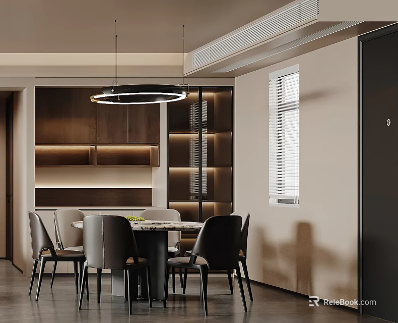 Elegant Modern Restaurant Interior With Dining Table Dark Chairs Pendant Light And Cabinets 3d model 