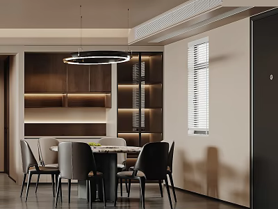 Elegant Modern Restaurant Interior With Dining Table Dark Chairs Pendant Light And Cabinets 3d model
