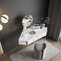 Elegant Dressing Table With Gold Legs Marble Top And Round Mirror On Dark Gray Wall
