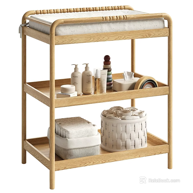 Natural Wooden Three Tier Storage Shelf With Cushioned Top Towels Toiletries And Woven Basket 3d model 