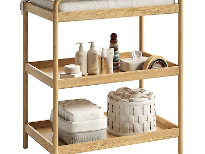 Natural Wooden Three Tier Storage Shelf With Cushioned Top Towels Toiletries And Woven Basket 3d model
