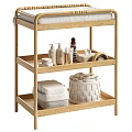 Natural Wooden Three Tier Storage Shelf With Cushioned Top Towels Toiletries And Woven Basket