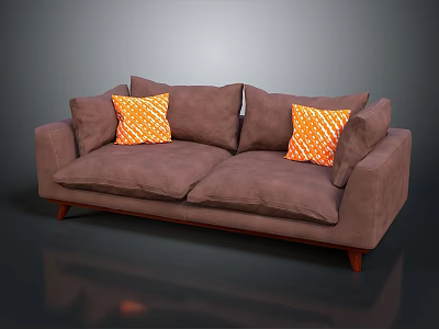 Brown Sectional Sofa with Orange Patterned Cushions and Wooden Legs in Modern Dark Setting 3d model