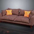 Brown Sectional Sofa with Orange Patterned Cushions and Wooden Legs in Modern Dark Setting