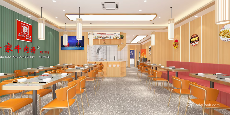 Modern Restaurant Interior With Orange Chairs Wooden Walls And Pendant Lights 3d model 
