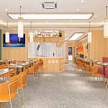 Modern Restaurant Interior With Orange Chairs Wooden Walls And Pendant Lights