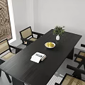 Modern Dining Table Set With Chairs Bench Vase Green Plant And Fruit Plate