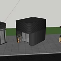 Modern Architectural Pavilions With Glass Facades And Tree Surroundings On Tile Floor