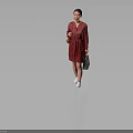 Woman In Red Dress Carrying Bag Walking On Gray Background With White Shoes