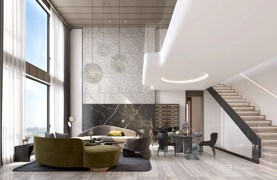 Duplex Living Room Interior With Large Windows Marble Wall And Green Sofa 3d model