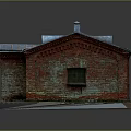 Red Brick Building Model With Blue Metal Roof Chimney Wooden Door And Windows