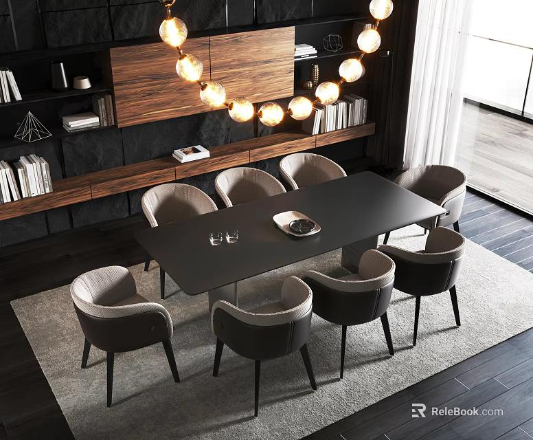 Modern Dining Table Set With Gray Chairs Pendant Lights And Wooden Bookshelves 3d model 