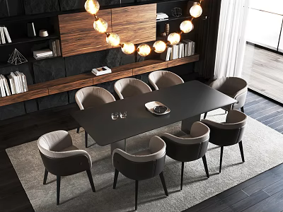Modern Dining Table Set With Gray Chairs Pendant Lights And Wooden Bookshelves 3d model