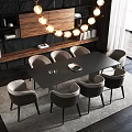 Modern Dining Table Set With Gray Chairs Pendant Lights And Wooden Bookshelves