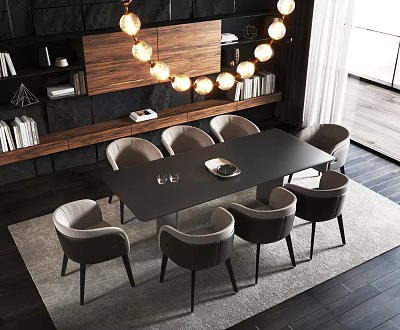 Modern Dining Table Set With Gray Chairs Pendant Lights And Wooden Bookshelves 3d model