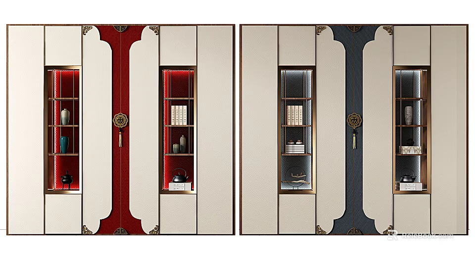 Modern Chinese Style Bookcase With Red Blue Panels Gold Accents Glass Doors And Decorative Items 3d model 