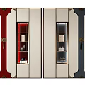 Modern Chinese Style Bookcase With Red Blue Panels Gold Accents Glass Doors And Decorative Items
