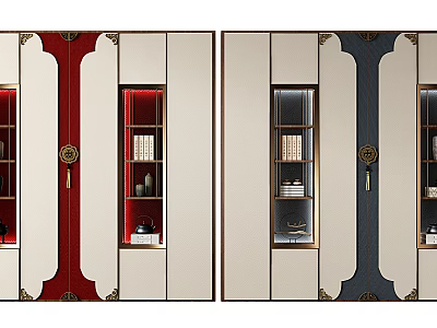 Modern Chinese Style Bookcase With Red Blue Panels Gold Accents Glass Doors And Decorative Items 3d model