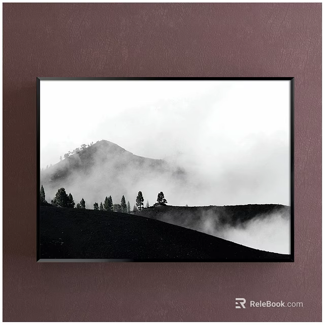 Black and White Landscape Painting With Misty Mountain And Tall Trees In Hazy Atmosphere 3d model 