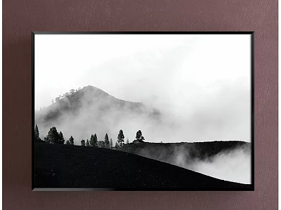 Black and White Landscape Painting With Misty Mountain And Tall Trees In Hazy Atmosphere 3d model