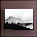 Black and White Landscape Painting With Misty Mountain And Tall Trees In Hazy Atmosphere
