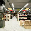 Modern Supermarket Interior With Snack Drinks Sections Wooden Shelves And Bright Lighting
