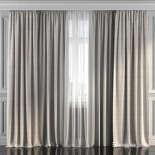 Gray Patterned Curtains with White Sheer Panels for Modern Interior Design 3d model 