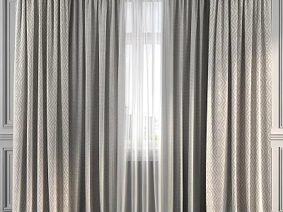 Gray Patterned Curtains with White Sheer Panels for Modern Interior Design 3d model