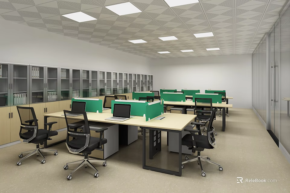 Modern Office Workspace With Desks Green Dividers Black Chairs And Bookshelves 3d model 