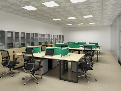 Modern Office Workspace With Desks Green Dividers Black Chairs And Bookshelves 3d model