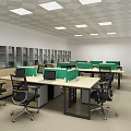 Modern Office Workspace With Desks Green Dividers Black Chairs And Bookshelves