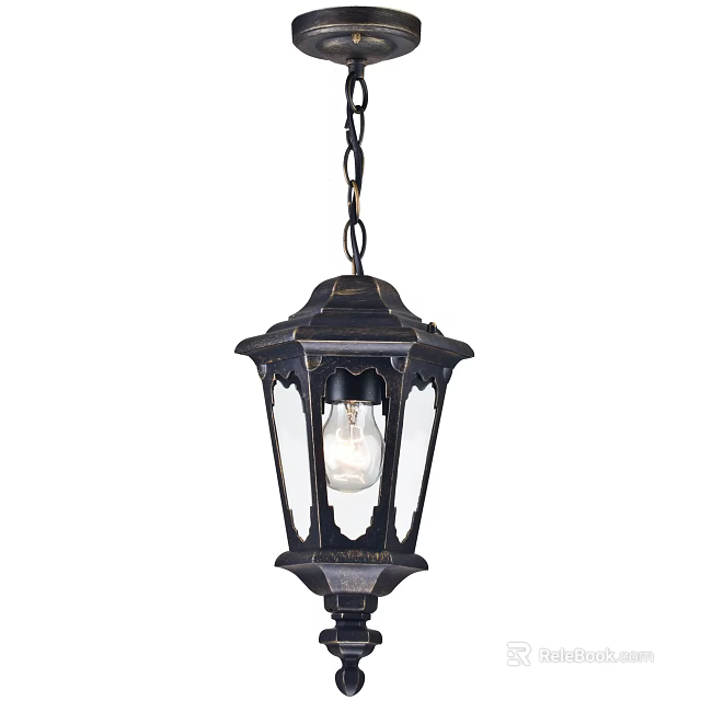 Vintage Classical Pendant Light With Metal Frame Glass Panel And Bulb 3d model 