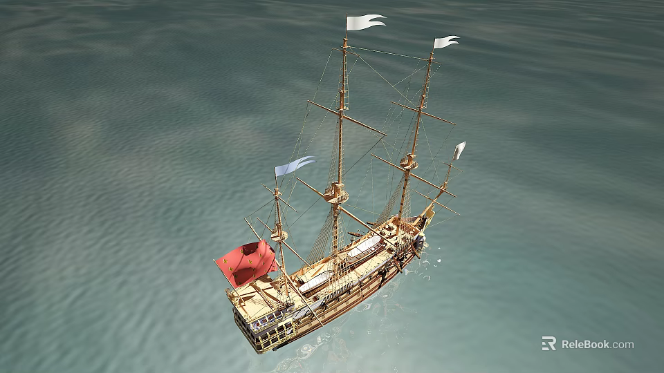Vintage Wooden Ship Sailing On Calm Water With Tall Masts White Flags And Red Sail 3d model 