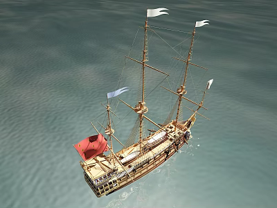 Vintage Wooden Ship Sailing On Calm Water With Tall Masts White Flags And Red Sail 3d model