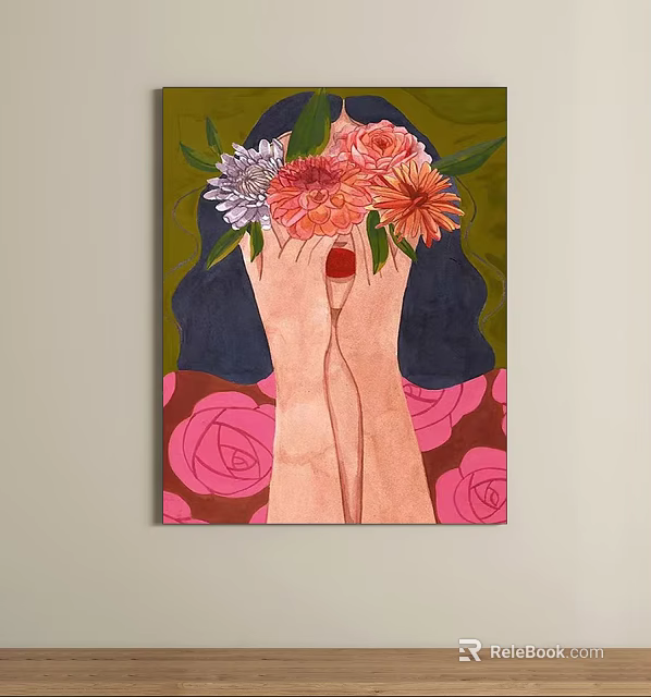 Oil Painting Of Hands Holding Orange Pink Flowers With Rose Pattern Background 3d model 