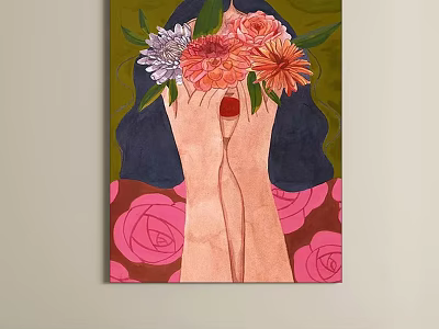 Oil Painting Of Hands Holding Orange Pink Flowers With Rose Pattern Background 3d model