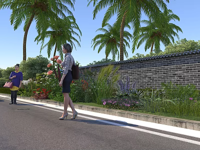 Scenic Road Facilities with White Lane Markings Palm Trees Brick Wall and Sidewalk Flower Beds 3d model
