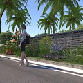 Scenic Road Facilities with White Lane Markings Palm Trees Brick Wall and Sidewalk Flower Beds