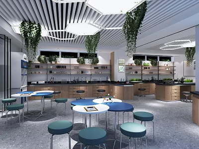 Modern Laboratory Interior With Workbenches Green Plants Stools And Ceiling Lighting 3d model