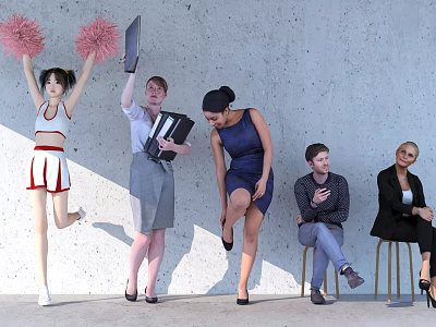 Group of People Standing and Sitting by Concrete Wall With Cheerleader Pom Poms Briefcase Folders 3d model